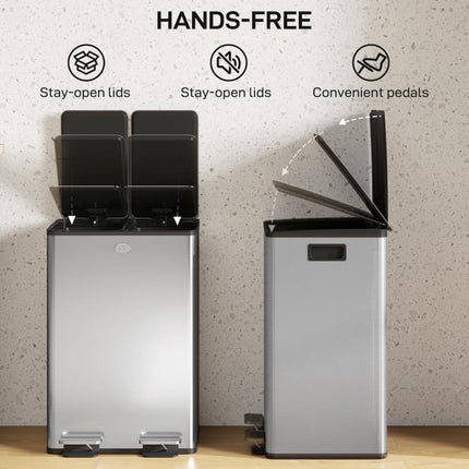 56L Dual Compartment Stainless Steel Bin, with Deodoriser Holders - Silver Tone
