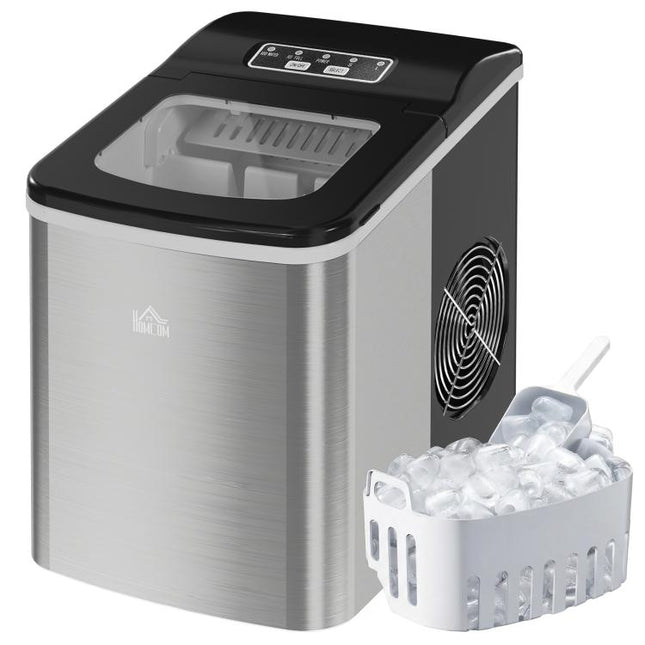 Ice Maker Machine Countertop, 9 Ice Cubes in 8 Mins, 12KG in 24Hrs, Self-Cleaning Portable Ice Cube Maker w/ Adjustable Ice Size, Ice Scoop, Basket, Stainless Steel, No Plumbing Required, Black