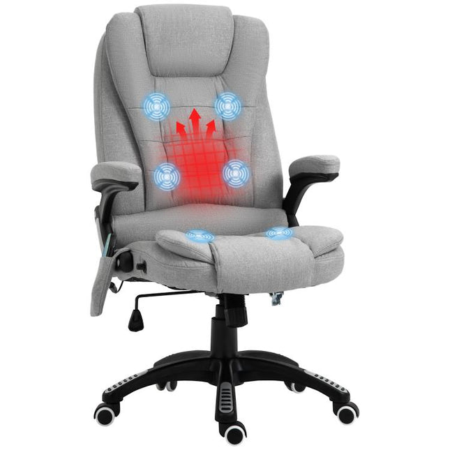 Massage Office Chair with Lumbar Heating, Linen Fabric Executive Computer Desk Chair with High and Reclining Back, Tilt Function, Adjustable Height, Padded Armrests, Light Grey