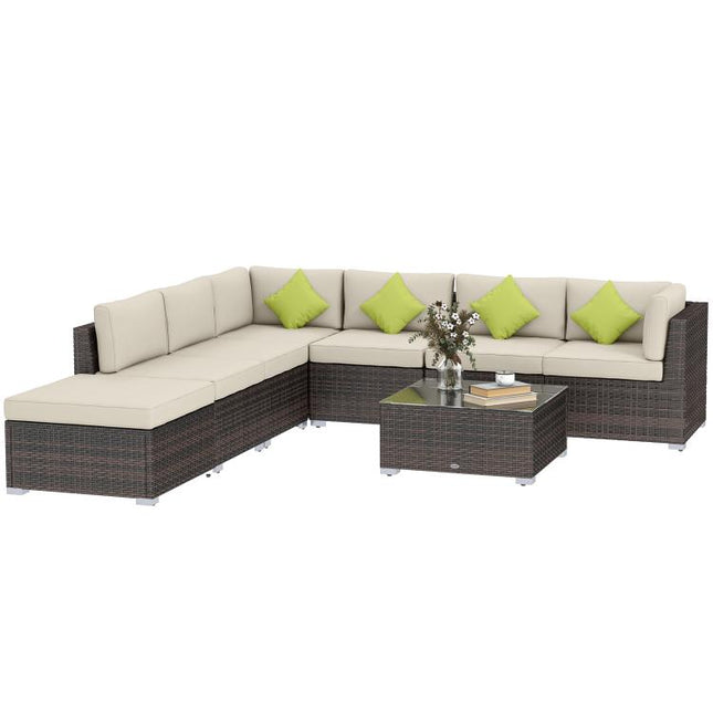 8 Piece Rattan Corner Sofa Set with Wide & Deep Seat, Assembled Aluminium PE Rattan Garden Furniture Set with Thick Cushions and Glass Top Table for Outdoor, Conservatory, Mixed Brown