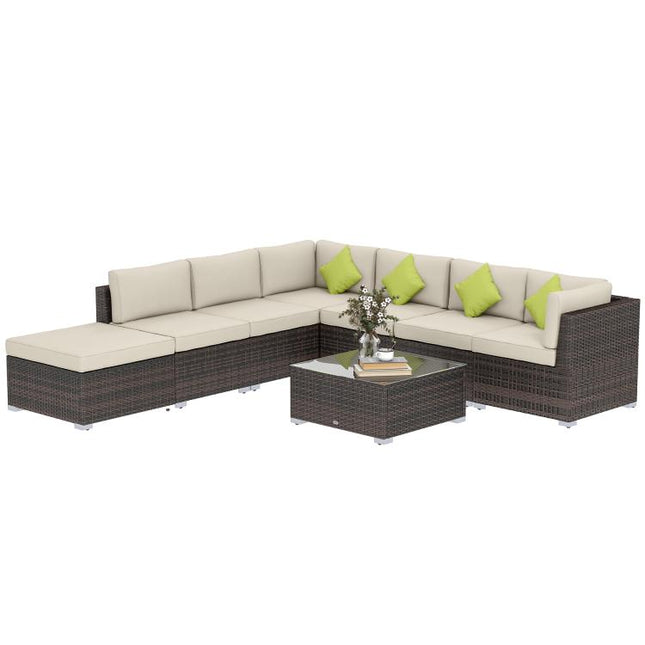 8 Piece Rattan Corner Sofa Set with Wide & Deep Seat, Assembled Aluminium PE Rattan Garden Furniture Set with Thick Cushions and Glass Top Table for Outdoor, Conservatory, Mixed Brown