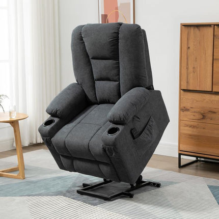 Oversized Riser and Recliner Chairs for the Elderly, Fabric Upholstered Lift Chair for Living Room with Remote Control, Side Pockets, Cup Holder, Charcoal Grey