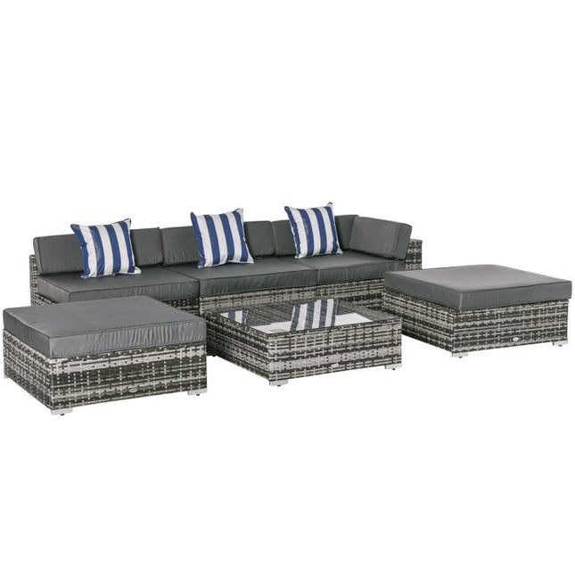 6 Pieces Rattan Garden Furniture Set, 5 Seater Garden Sofa Set with Thickened Cushions, Glass Top Coffee Table and Ottomans, Outdoor Sectional Conservatory Furniture with Pillows, Grey