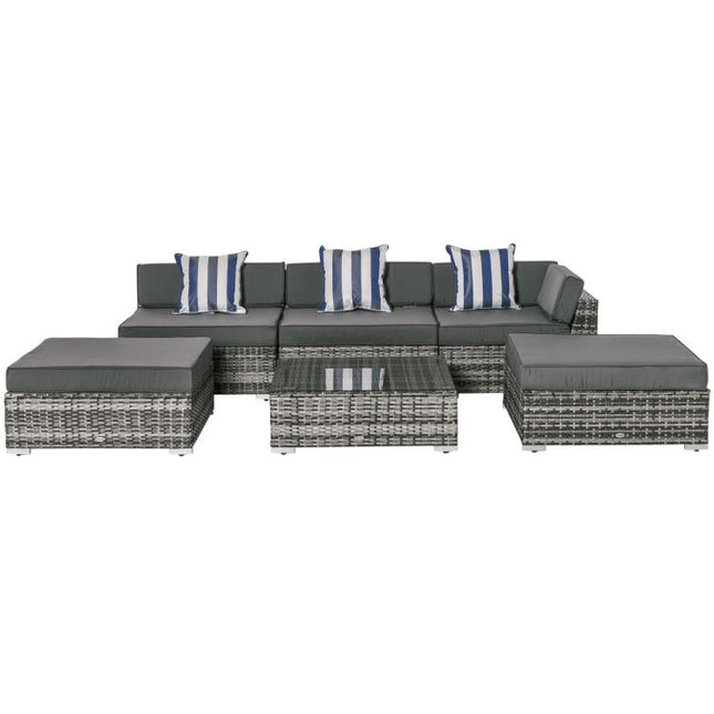 6 Pieces Rattan Garden Furniture Set, 5 Seater Garden Sofa Set with Thickened Cushions, Glass Top Coffee Table and Ottomans, Outdoor Sectional Conservatory Furniture with Pillows, Grey