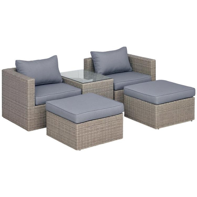 5 Piece Rattan Garden Furniture Set w/ 10cm Thick Cushions, Aluminium Frame Wicker Outdoor Balcony Sofa Set with Corner Armchairs, Ottomans, and Glass Top Table, Mixed Brown