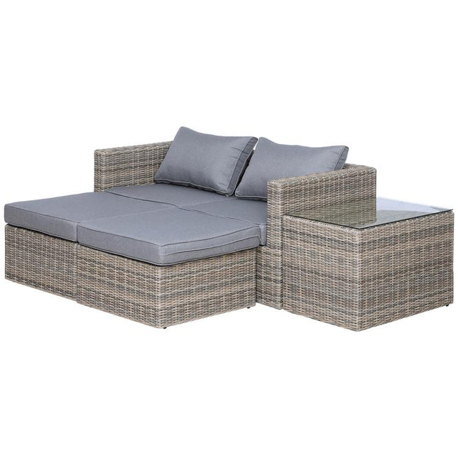 5 Piece Rattan Garden Furniture Set w/ 10cm Thick Cushions, Aluminium Frame Wicker Outdoor Balcony Sofa Set with Corner Armchairs, Ottomans, and Glass Top Table, Mixed Brown