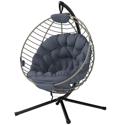 PE Rattan Swing Chair, Outdoor Hanging Chair with Metal Stand, Thick Padded Cushion, Foldable Basket and Cup Holder, for Indoor and Outdoor, Grey