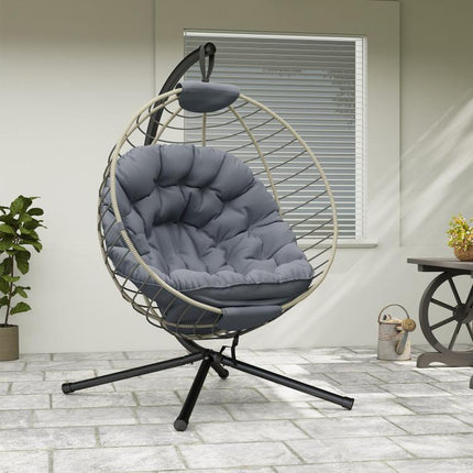 PE Rattan Swing Chair, Outdoor Hanging Chair with Metal Stand, Thick Padded Cushion, Foldable Basket and Cup Holder, for Indoor and Outdoor, Grey