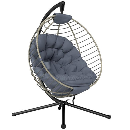PE Rattan Swing Chair, Outdoor Hanging Chair with Metal Stand, Thick Padded Cushion, Foldable Basket and Cup Holder, for Indoor and Outdoor, Grey