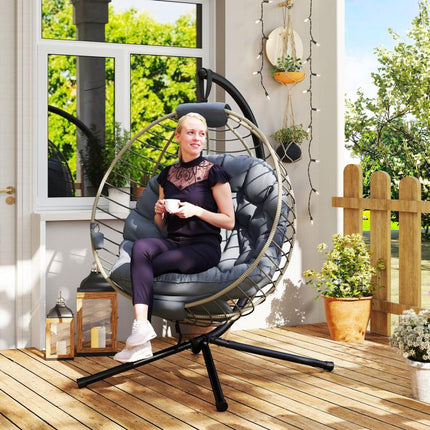 PE Rattan Swing Chair, Outdoor Hanging Chair with Metal Stand, Thick Padded Cushion, Foldable Basket and Cup Holder, for Indoor and Outdoor, Grey
