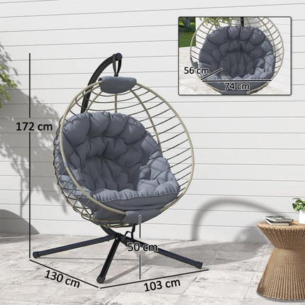 PE Rattan Swing Chair, Outdoor Hanging Chair with Metal Stand, Thick Padded Cushion, Foldable Basket and Cup Holder, for Indoor and Outdoor, Grey