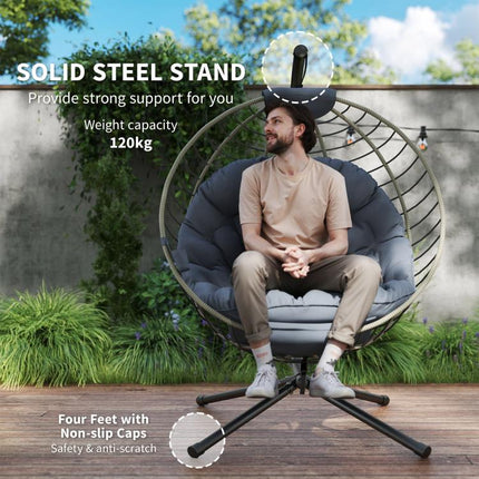 PE Rattan Swing Chair, Outdoor Hanging Chair with Metal Stand, Thick Padded Cushion, Foldable Basket and Cup Holder, for Indoor and Outdoor, Grey