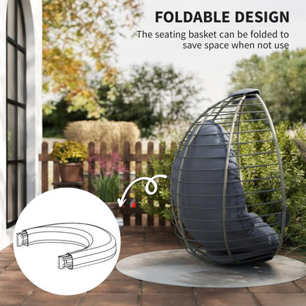 PE Rattan Swing Chair, Outdoor Hanging Chair with Metal Stand, Thick Padded Cushion, Foldable Basket and Cup Holder, for Indoor and Outdoor, Grey