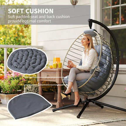 PE Rattan Swing Chair, Outdoor Hanging Chair with Metal Stand, Thick Padded Cushion, Foldable Basket and Cup Holder, for Indoor and Outdoor, Grey