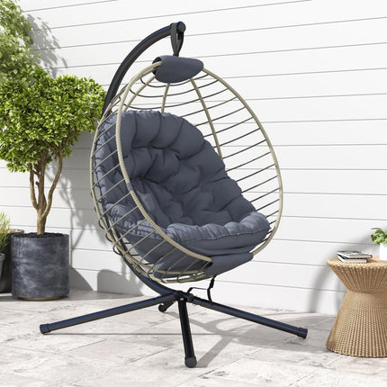 PE Rattan Swing Chair, Outdoor Hanging Chair with Metal Stand, Thick Padded Cushion, Foldable Basket and Cup Holder, for Indoor and Outdoor, Grey