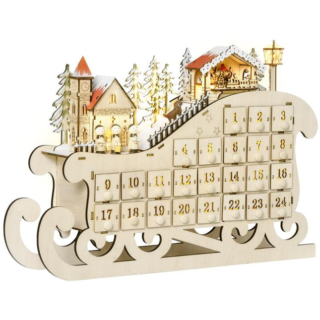 Christmas Advent Calendar, 2021 Light Up Table Xmas Wooden Sleigh Holiday Decoration with Countdown Drawer, Village, for kids Adults, Natural Wood Color
