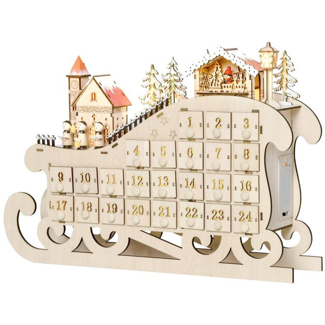 Christmas Advent Calendar, 2021 Light Up Table Xmas Wooden Sleigh Holiday Decoration with Countdown Drawer, Village, for kids Adults, Natural Wood Color