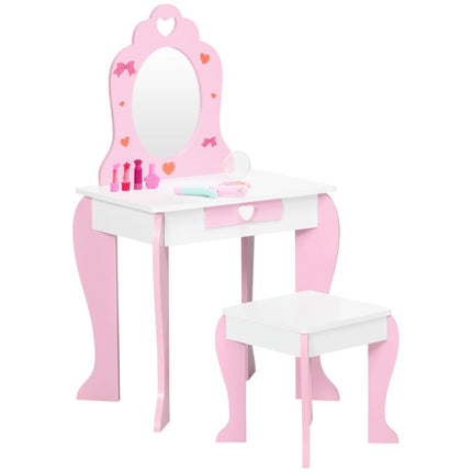 Kids Dressing table Set w/ Mirror, Stool, Drawer, Cute Patterns, for Ages 3-6 Years - Pink