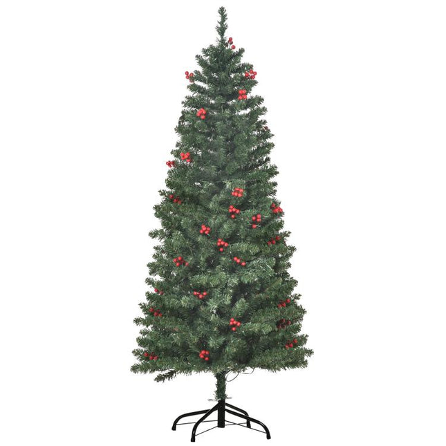 5FT Prelit Artificial Pencil Christmas Tree with Warm White LED Light, Red Berry, Holiday Home Xmas Decoration, Green