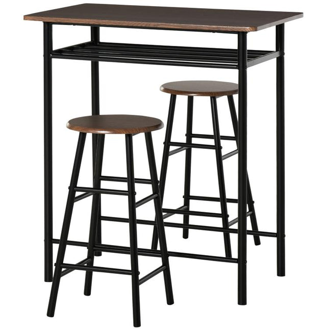 Bar Table Set, Bar Table and Stools Set, Footrest and Storage Shelf, for Kitchen, Dining Room, Pub, Cafe, Black and Oak