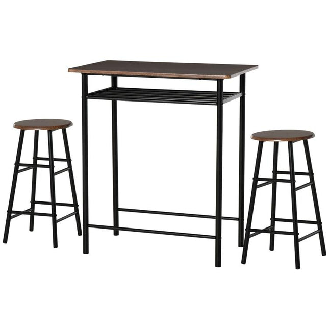 Bar Table Set, Bar Table and Stools Set, Footrest and Storage Shelf, for Kitchen, Dining Room, Pub, Cafe, Black and Oak