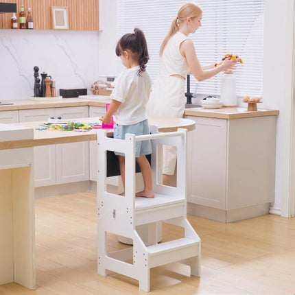 2 in 1 Kids Kitchen Step Stool with Safety Rail Toddler Steps with Chalkboard for Kitchen Bathroom, White