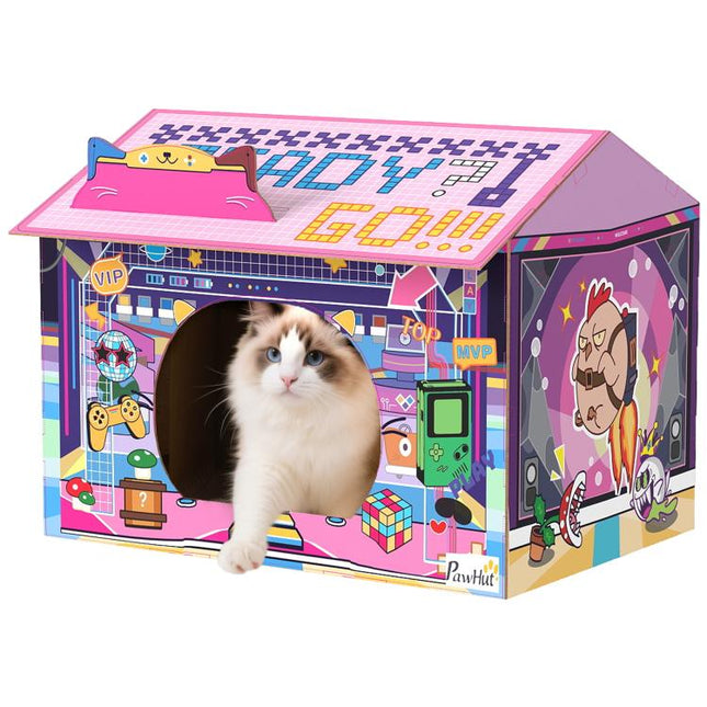 2 in 1 Gaming Style Cardboard Cat House with Scratching Board & Catnip for Indoor Cats, Pink