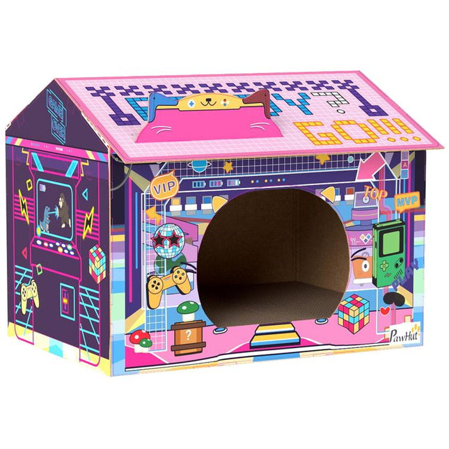 2 in 1 Gaming Style Cardboard Cat House with Scratching Board & Catnip for Indoor Cats, Pink