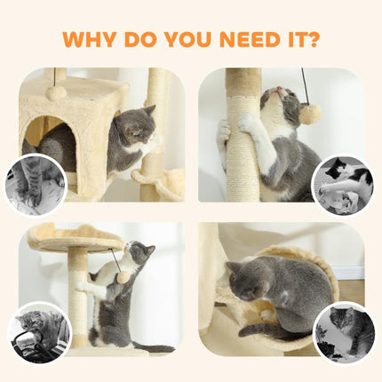 180cm Large Cat Tree Tower with Sisal Scratching Posts, Condos, Plush Perches, Hammock, Ladder, Beige