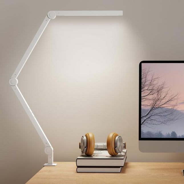 LED Desk Lamp, Dimmable Desk Light with Swing Arm and Clamp, Adjustable Eye-Caring Table Lamp with 2 Colour Modes & 5 Brightness Levels for Study, Drawing, Office, Architect, Task, White