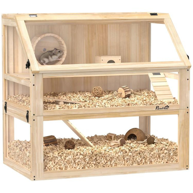 Wooden Hamster Cage with Detachable 31cm Deep Bottom, Hut, Seesaw, Exercise Wheel, Ramp, 80 x 50 x 76cm, Natural