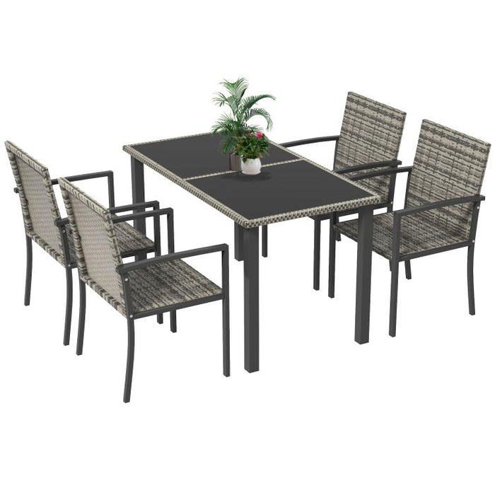 Outdoor Dining Set 5 Pieces Patio Conservatory with Tempered Glass Tabletop,4 Dining Chairs - Mixed Grey
