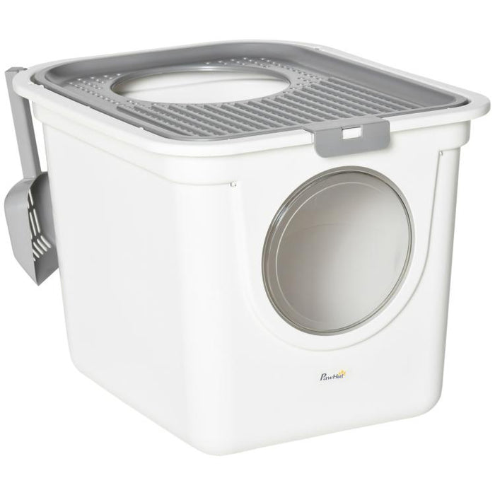 Cat Litter Box, Pet Toilet, Enclosed Kitten Pan with Front Entrance Top Exit, High Side, Scoop, White