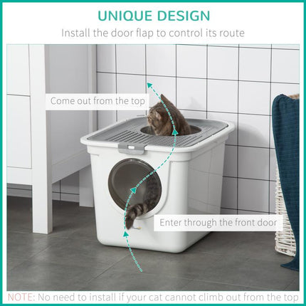 Cat Litter Box, Pet Toilet, Enclosed Kitten Pan with Front Entrance Top Exit, High Side, Scoop, White