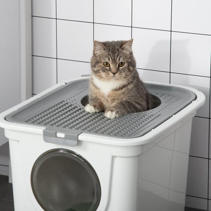 Cat Litter Box, Pet Toilet, Enclosed Kitten Pan with Front Entrance Top Exit, High Side, Scoop, White
