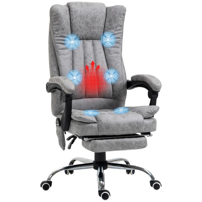 Office Chair with Massage and Heat, Microfibre Reclining Computer Desk Chair with Footrest and Adjustable Height, Swivel Wheels for Home Office, Grey