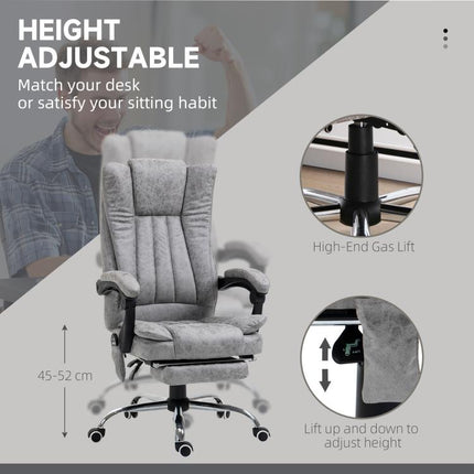 Office Chair with Massage and Heat, Microfibre Reclining Computer Desk Chair with Footrest and Adjustable Height, Swivel Wheels for Home Office, Grey