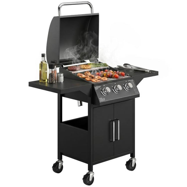 3 Burner Gas BBQ Grill 8.7 kW Outdoor Portable Barbecue Trolley w/ Warming Rack, Side Shelves, Cabinet, Black