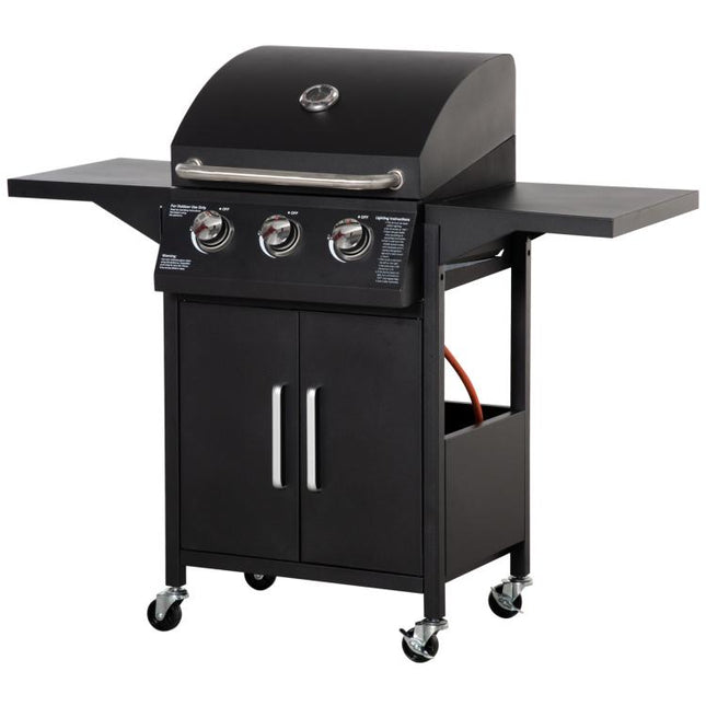 3 Burner Gas BBQ Grill 8.7 kW Outdoor Portable Barbecue Trolley w/ Warming Rack, Side Shelves, Cabinet, Black