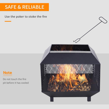 Metal Square Fire Pit Outdoor Mesh Firepit Brazier w/ Lid, Log Grate, Poker for Backyard, Camping, Bonfire, Wood Burning Stove, 44 x 44 x 40cm, Black