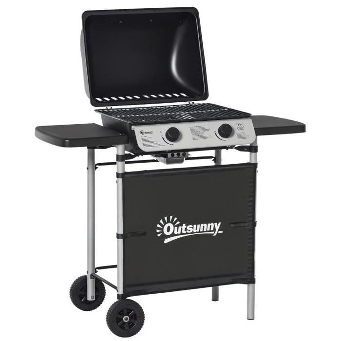 2 Burner Gas BBQ Trolley with Lid, 5.6 kW Gas Barbecue Grill with Wheels, Side Shelves, Black