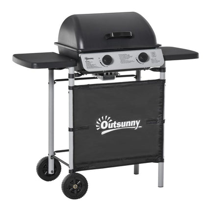 2 Burner Gas BBQ Trolley with Lid, 5.6 kW Gas Barbecue Grill with Wheels, Side Shelves, Black