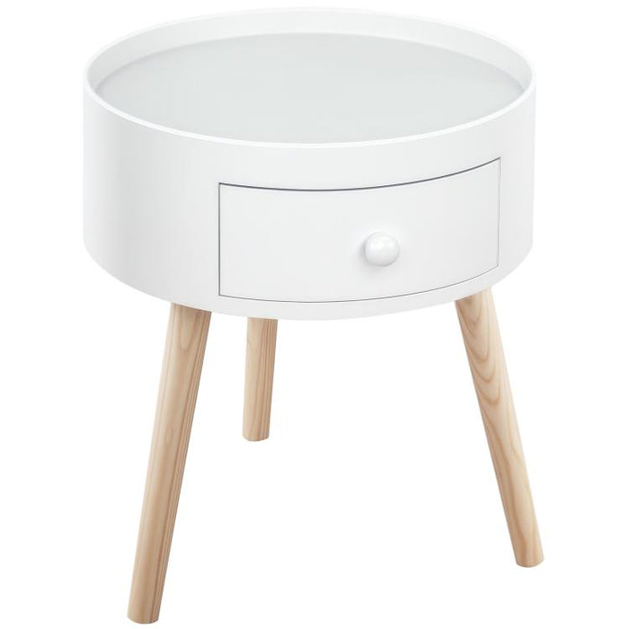 Modern Side Table, Small Coffee Table, Round Bedside Table with Drawer and Wood Legs for Living Room, Bedroom, White
