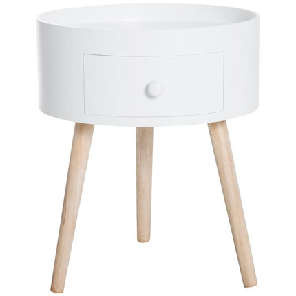 Modern Side Table, Small Coffee Table, Round Bedside Table with Drawer and Wood Legs for Living Room, Bedroom, White