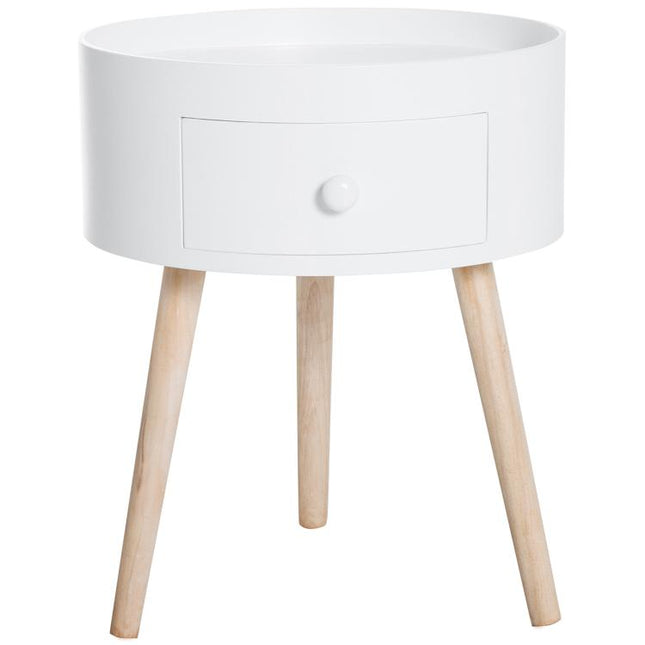 Modern Side Table, Small Coffee Table, Round Bedside Table with Drawer and Wood Legs for Living Room, Bedroom, White