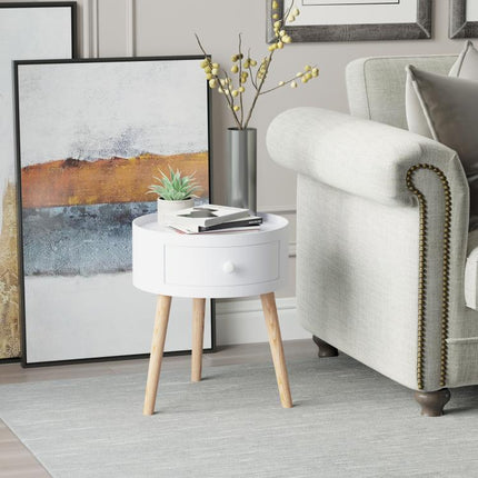 Modern Side Table, Small Coffee Table, Round Bedside Table with Drawer and Wood Legs for Living Room, Bedroom, White