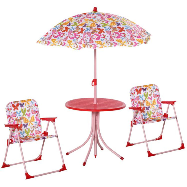 Kids Outdoor Bistro Table and Chair Set Butterfly Pattern Garden Patio Backyard with Removable & Height Adjustable Parasol