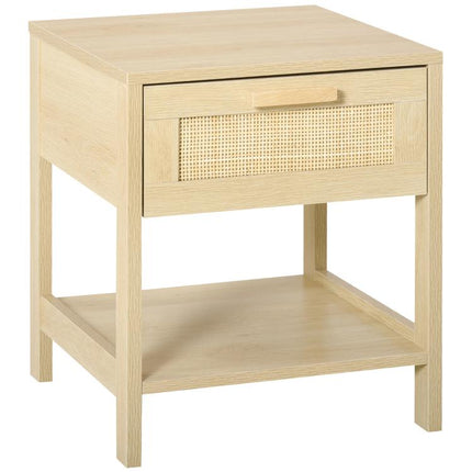 Nightstand with Rattan Drawer and Storage Shelf, Bedside End Table for Bedroom, Living Room