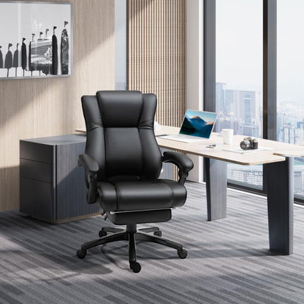 Executive Office Chair for Home, PU Leather Computer Chair, Swivel Desk Chair with Footrest, Wheels, Adjustable Height, Black