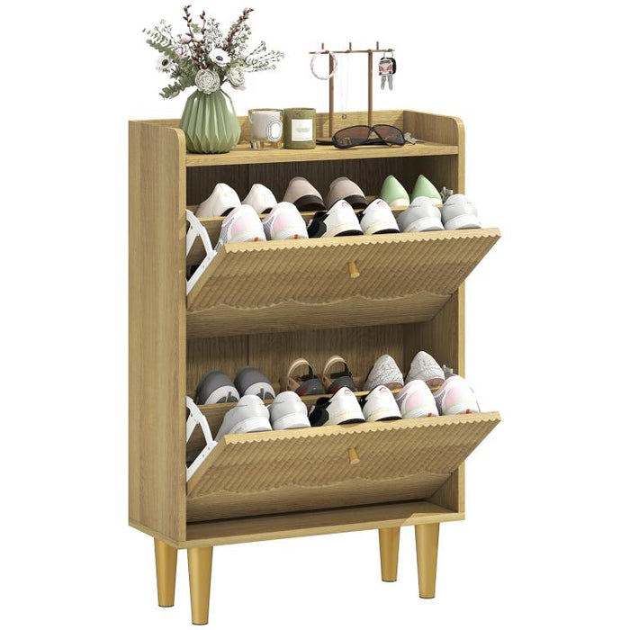 Narrow Shoe Cabinet, Modern Shoe Storage Cabinet with 2 Flip Drawers, Oak